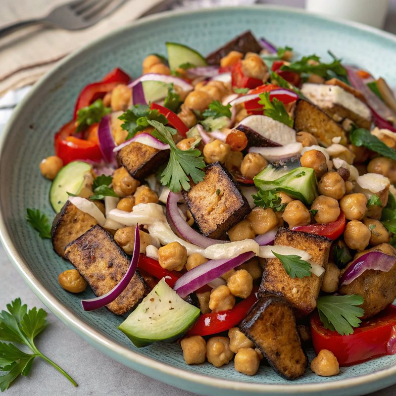 Roasted Eggplant and Chickpea Salad with Creamy Tahini Dressing
