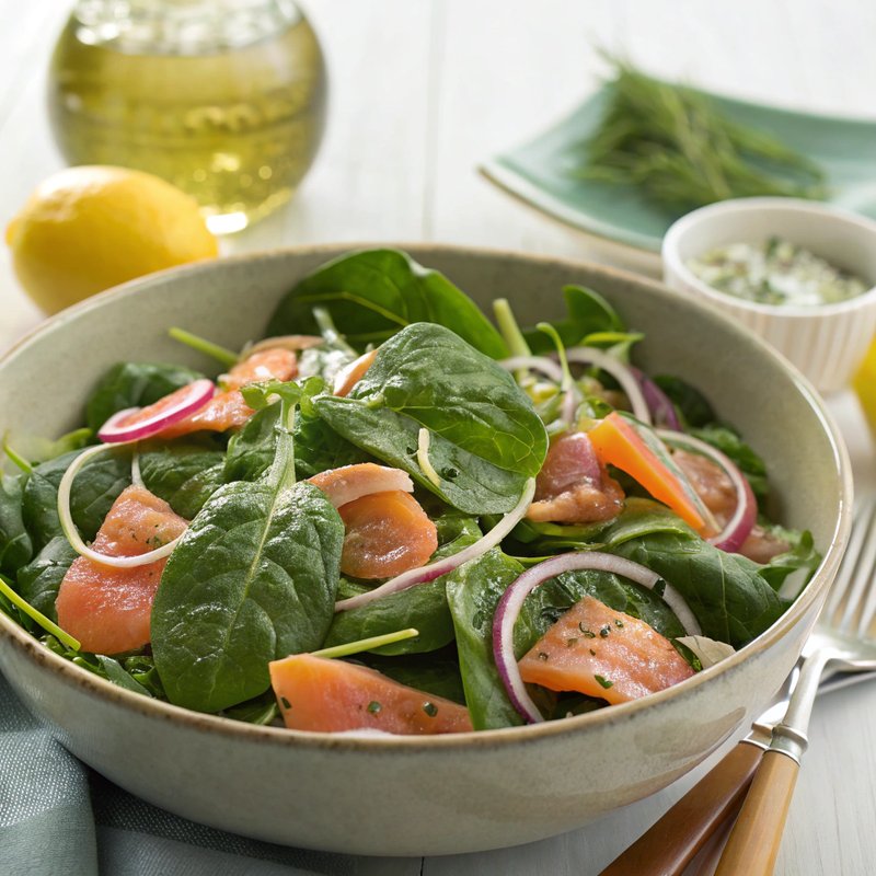 Spinach and Smoked Salmon Salad with Lemon Dill Dressing