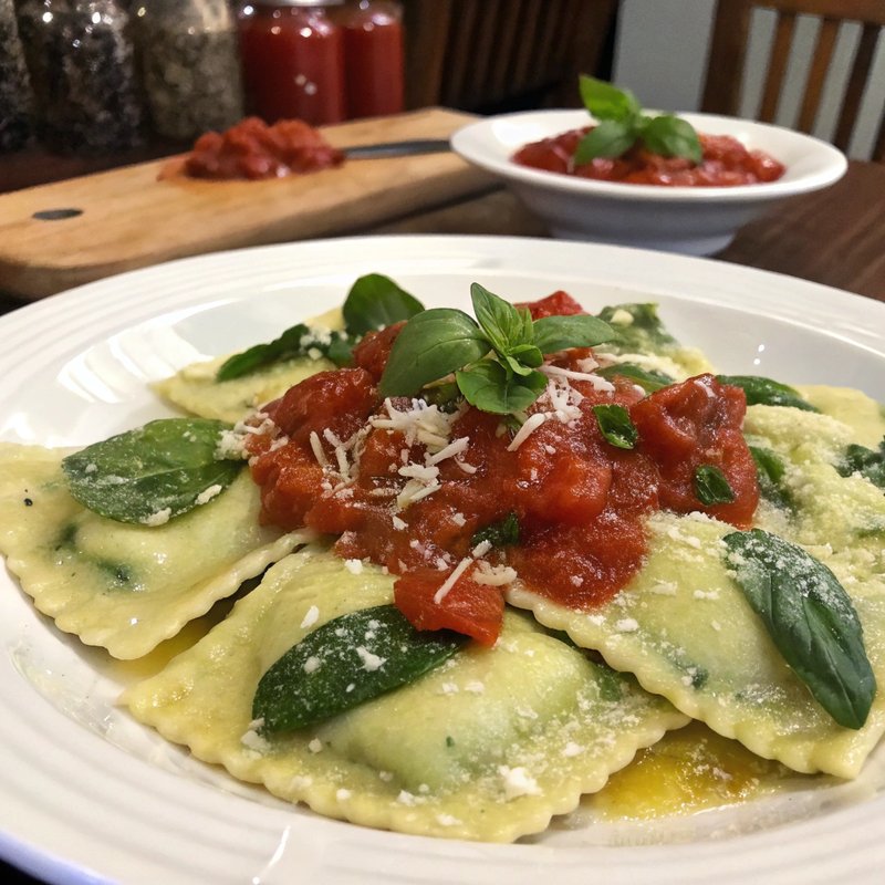 Homemade Spinach and Ricotta Ravioli with Basil Tomato Sauce
