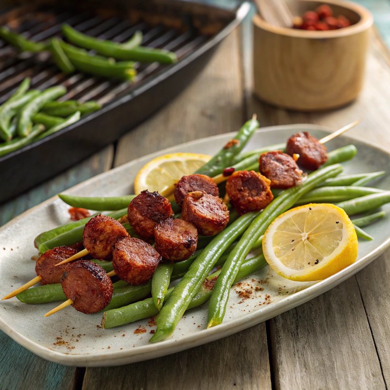 Zesty Green Bean and Chorizo Skewers